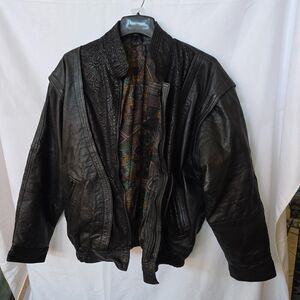 Vintage 80s Black Leather Bomber Jacket Embossed Collar Geometric Lining